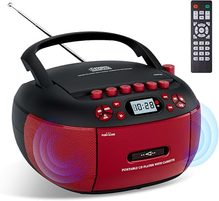 Cassette CD Player Boombox with Bluetooth, FM Radio, USB Port, Remote Control & Stereo Speakers