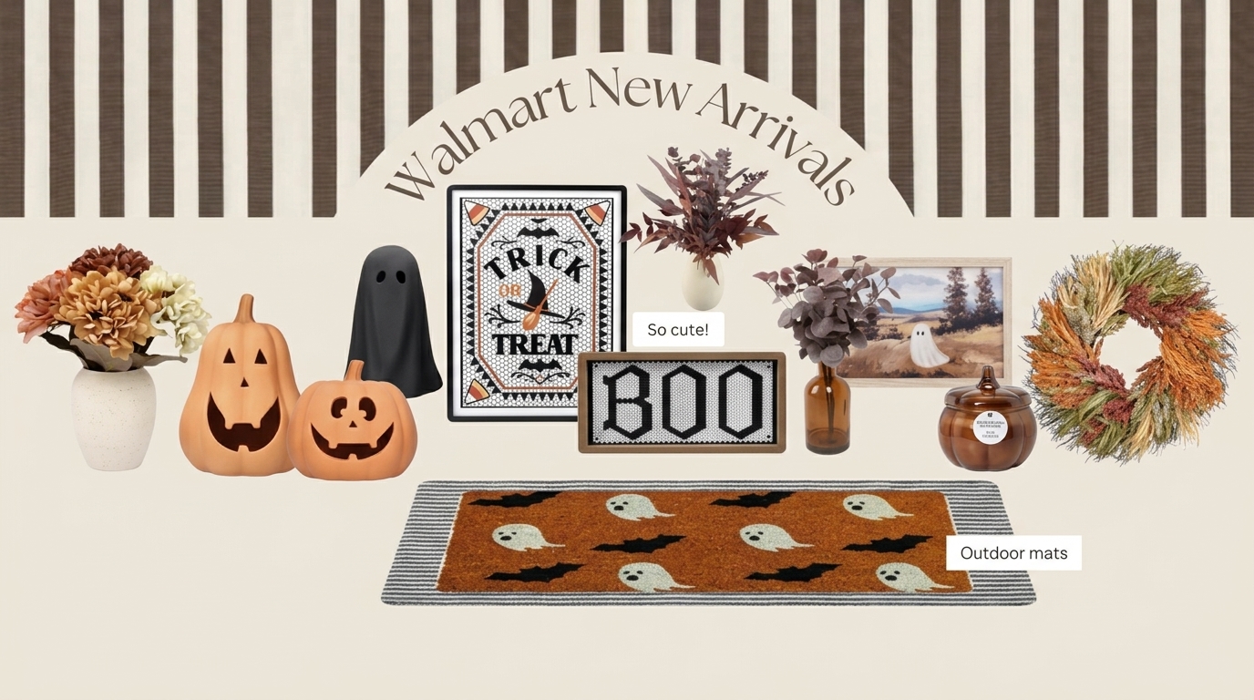 Walmart Halloween decor with pumpkins, a ghost doormat and an autumn wreath